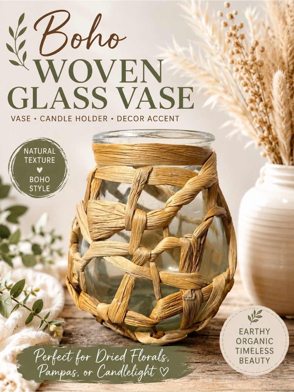 Boho Woven Natural Fiber Glass Vase Candle Holder Coastal Decor